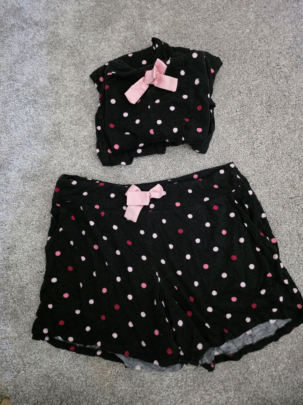 Soma Black Polka Dot Pajama Pant/ Short Set with Pink Bows
